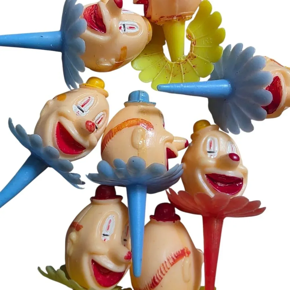 Vintage 1950s Plastic Clown Cupcake Cake Topper Hong Kong Circus Set w Baby